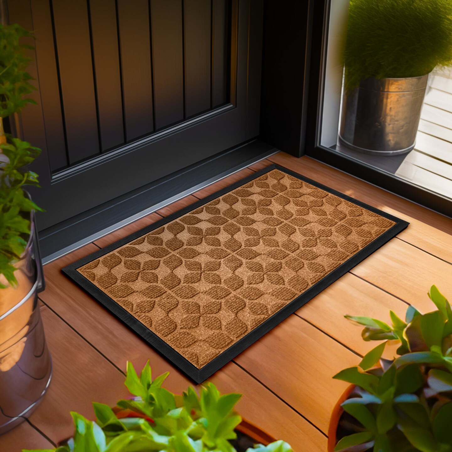 G128 Home Entrance Brown Geometric Floral Pattern Door Mat | 23x35 In | Thick Absorbent Natural Rubber Non Slip, Indoor/Outdoor, Easy Clean, Welcome Mats for Front Door/Patio/Garage