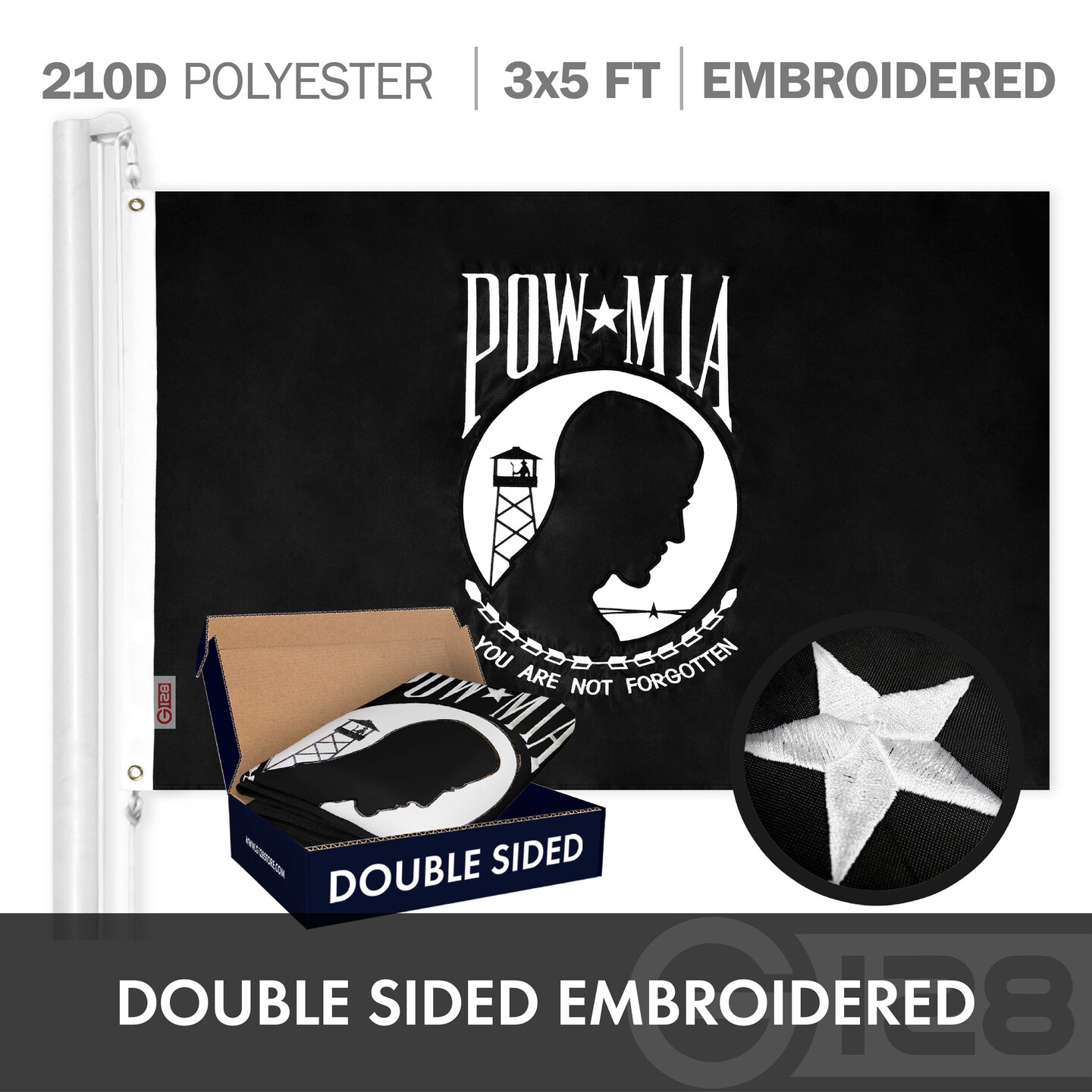 G128 Combo Pack: USA American Flag 3x5 Ft Embroidered Stars &#x26; POW MIA Flag 3x5 Ft Embroidered Double Sided 2ply