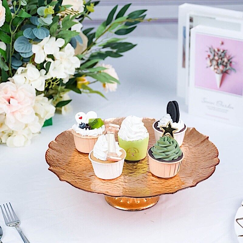 ROSE GOLD 14&#x22; Round Glass CAKE STAND Scalloped Edge Cupcake Holder