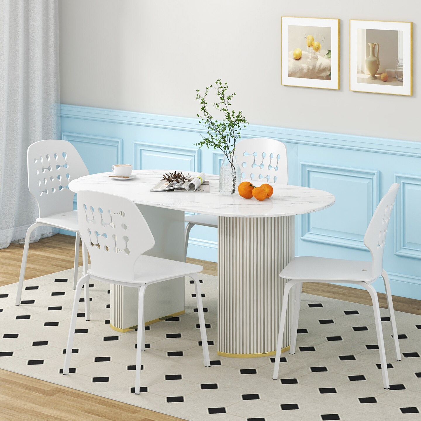 Set Of 4 Metal Dining Chair With Hollowed Backrest And Metal Legs