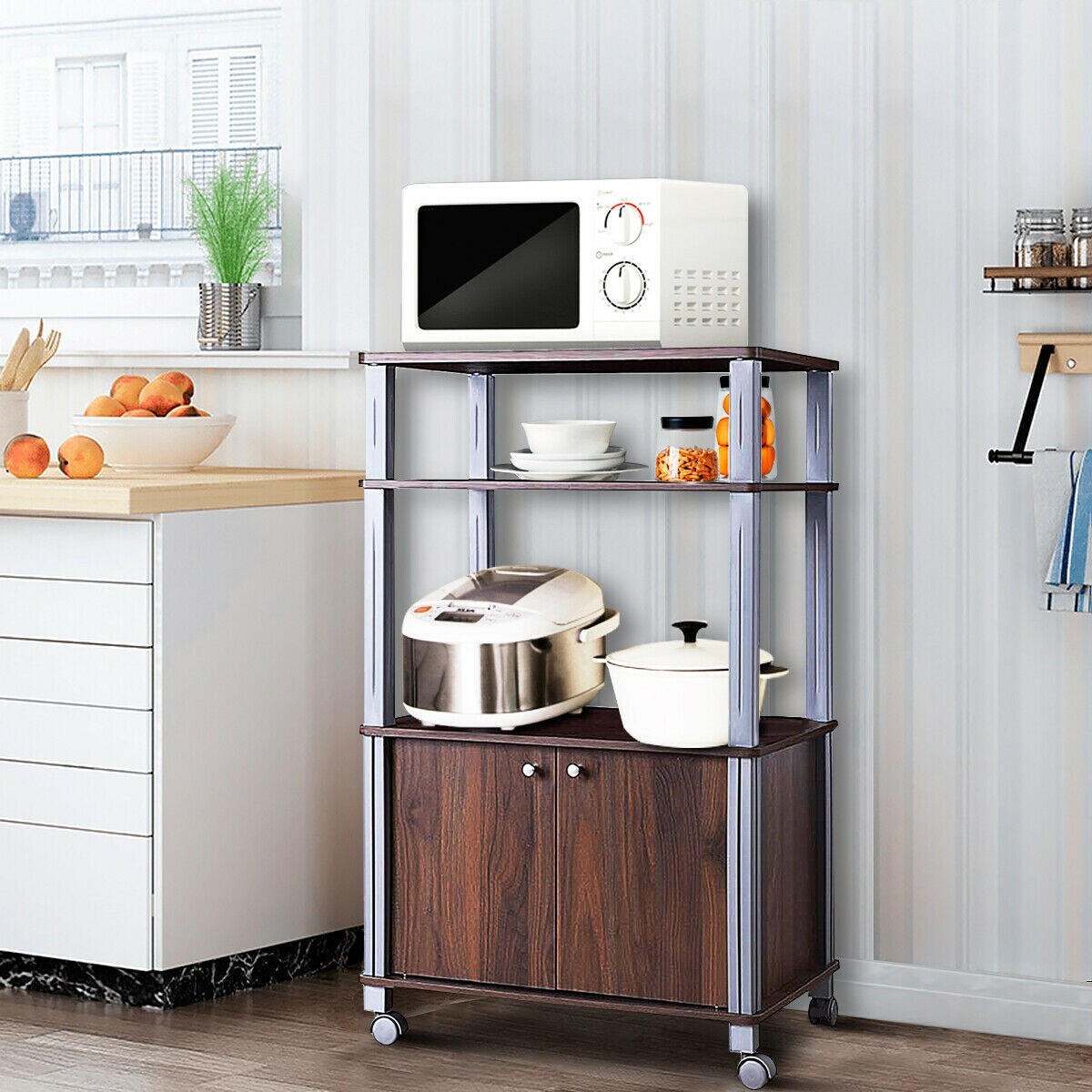 Multi-functional Kitchen Storage Cart with Lockable Wheels and 3 Shelves and Cabinet for Microwave and Dishes