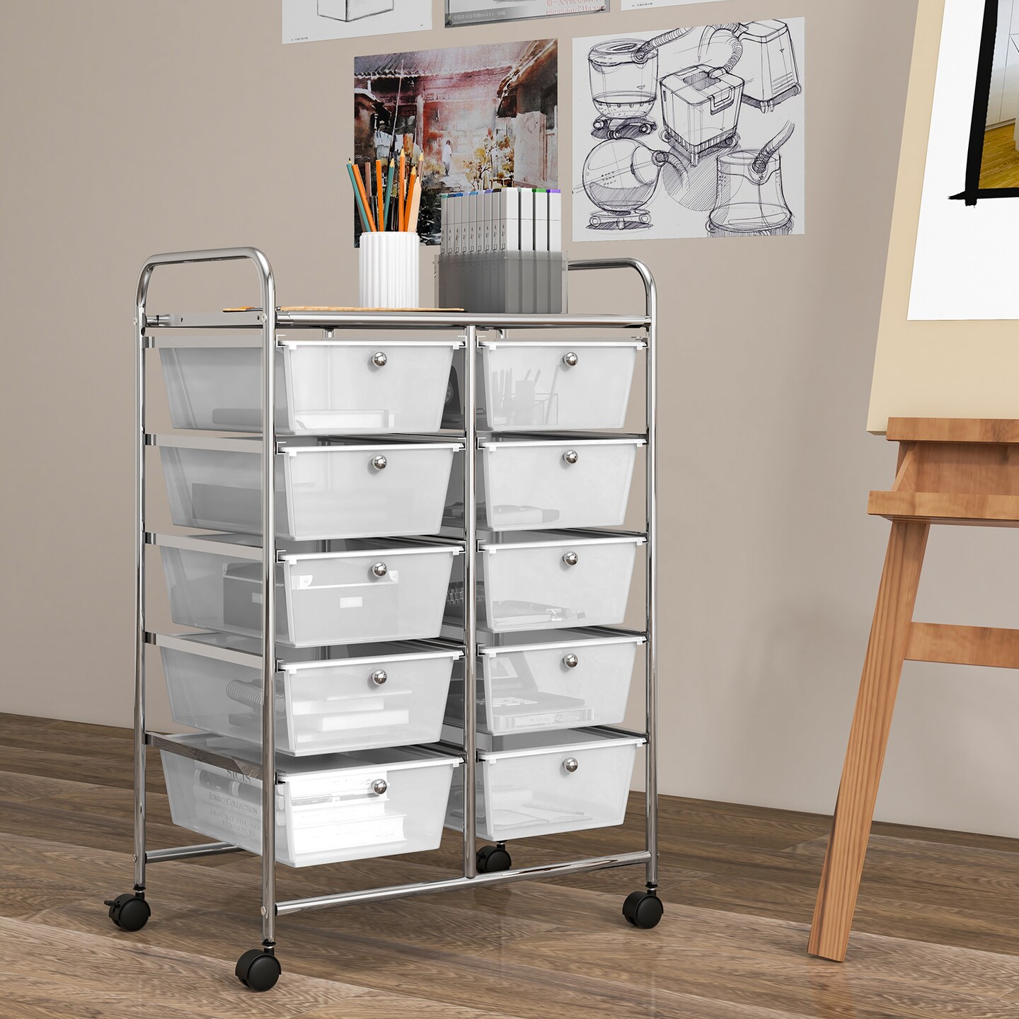 10 Drawer Rolling Storage Cart with Lockable Wheels Metal Frame Organizer for Office Classroom Craft Room Storage