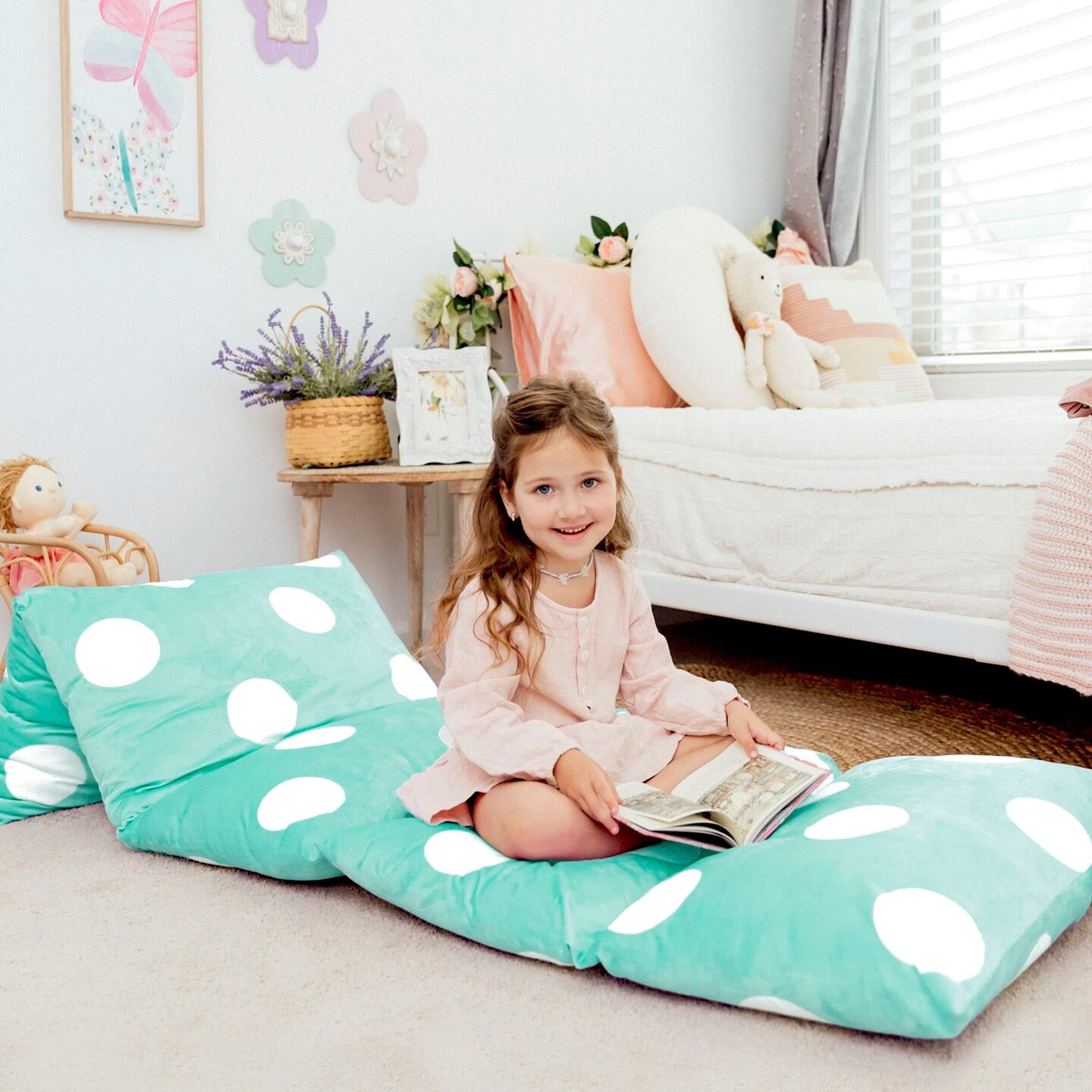 Butterfly Craze Floor Pillow Case, Mattress Bed Lounger Cover, Polka Aqua, Queen, Cozy Seating Solution for Kids &#x26; Adults, Recliner Cushion, Perfect For Reading, TV Time, Sleepovers, &#x26; Toddler Nap Mat