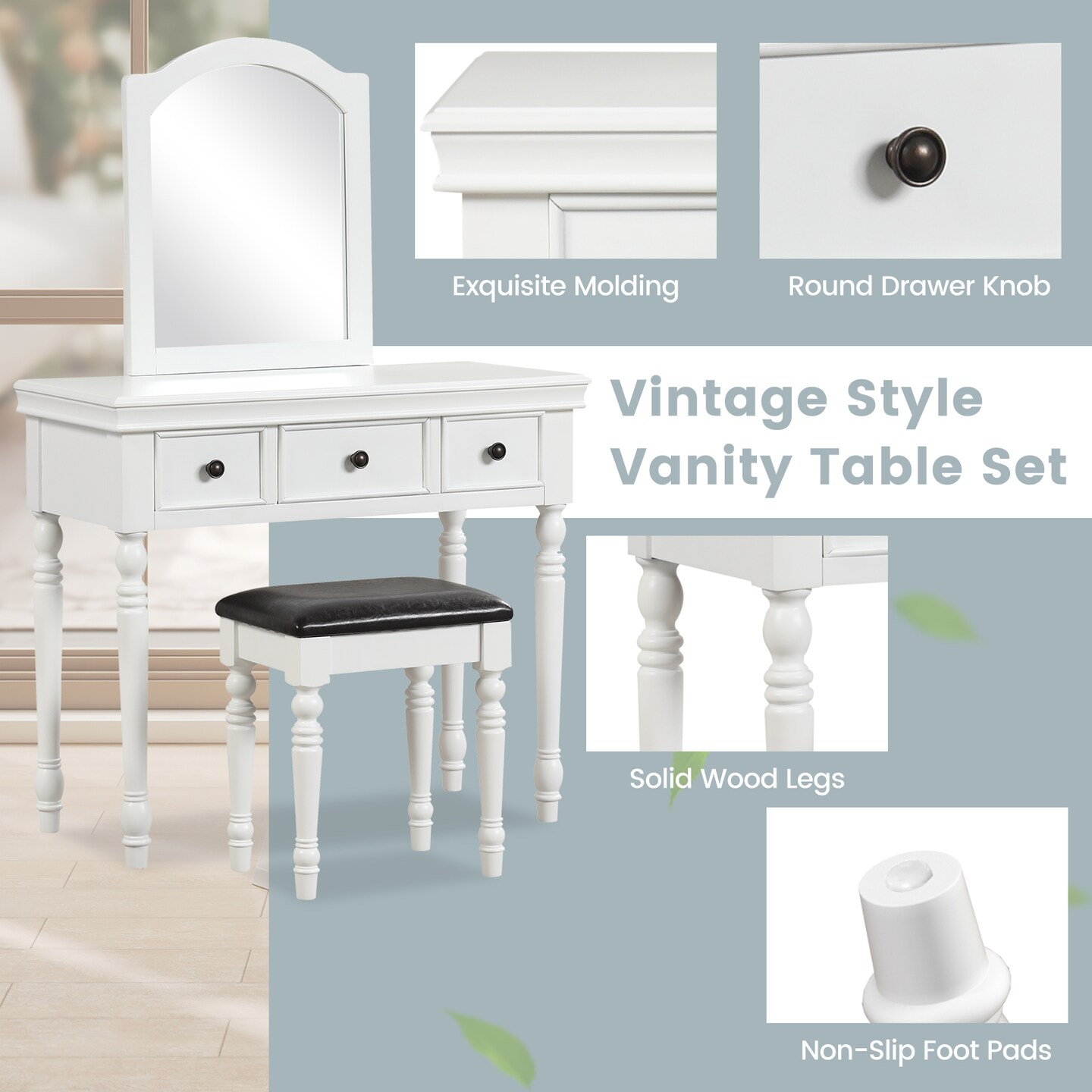 Makeup Vanity Table And Stool Set With Detachable Mirror And 3 Drawers Storage