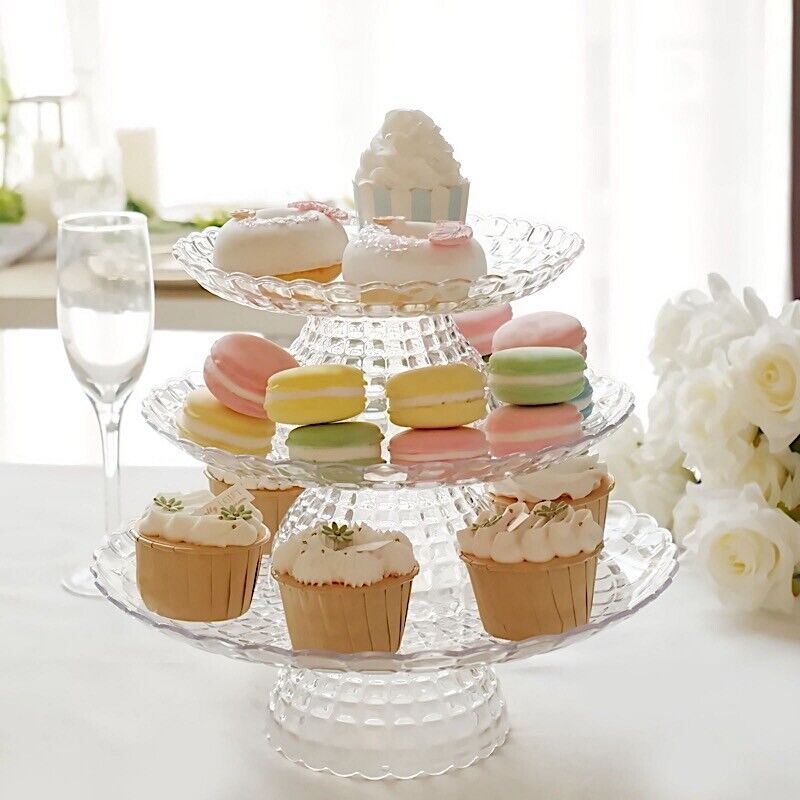 3 Clear Plastic CUPCAKE STANDS Pressed Design Stackable
