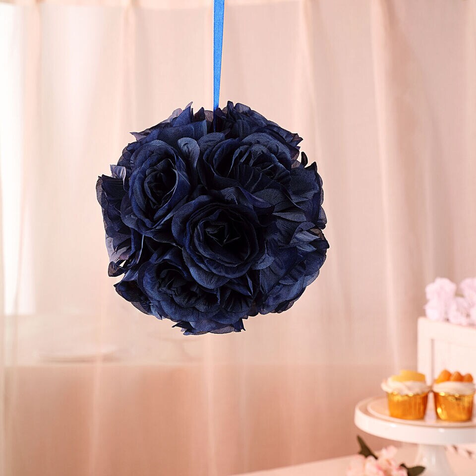 2 NAVY BLUE 7&#x22; Silk Roses Flowers Kissing Balls