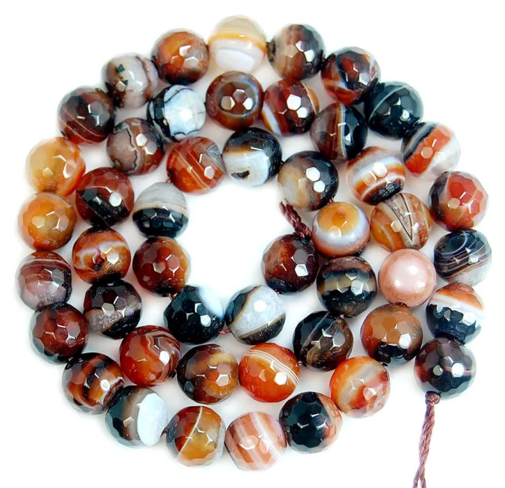 Kitcheniva Faceted Striated Agate Round Beads 15"