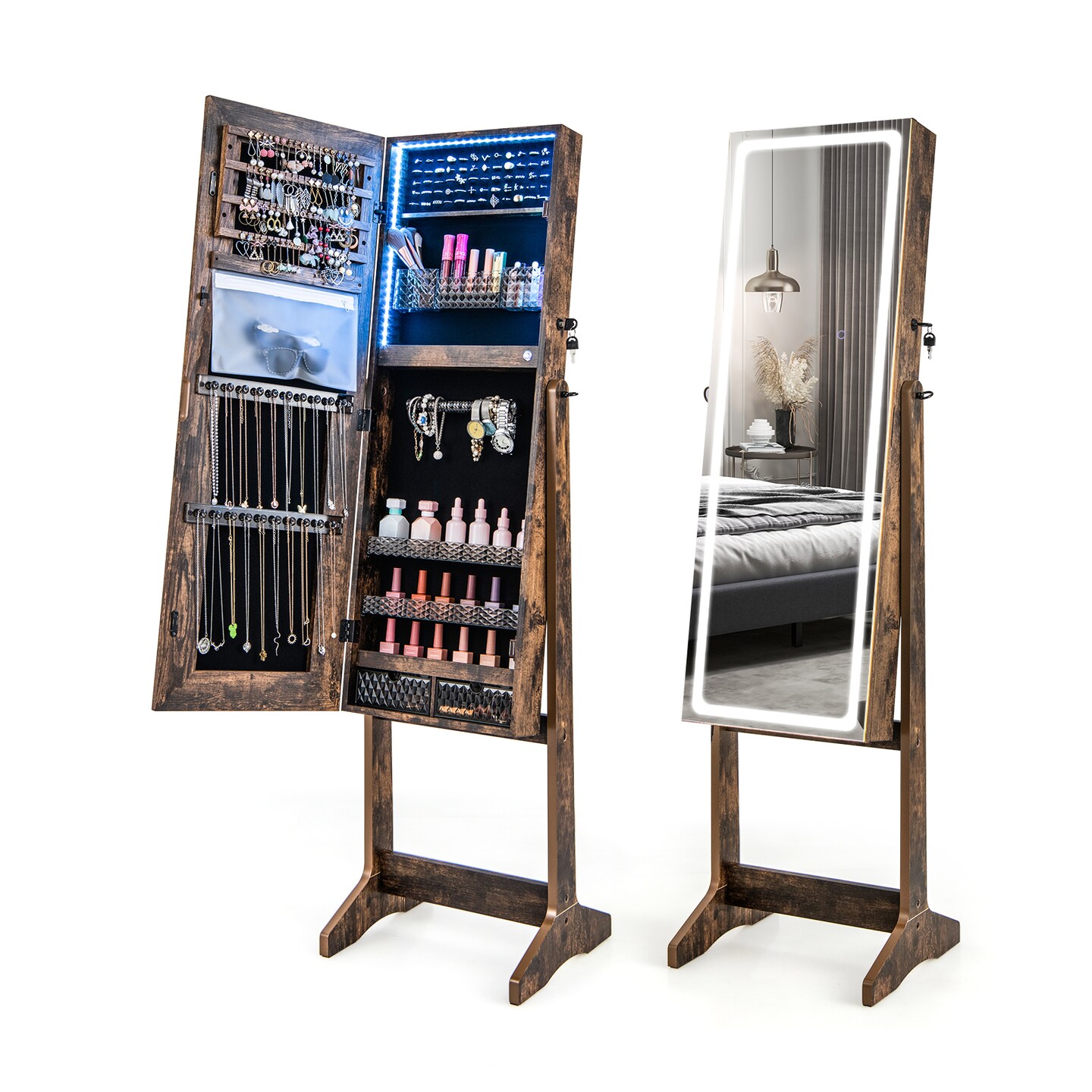 Lockable Jewelry Armoire Standing Cabinet With Lighted Full-length Mirror