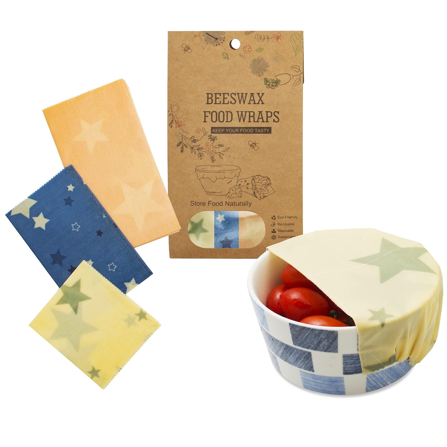 Beeswax Food Wraps with Stars Print S M L Pack of 3 Organic Beeswax Wraps for Food Storage Safe for Food Washable and Reusable Beeswax Wrap Ecological Bees Wrap Reusable Food Wrap