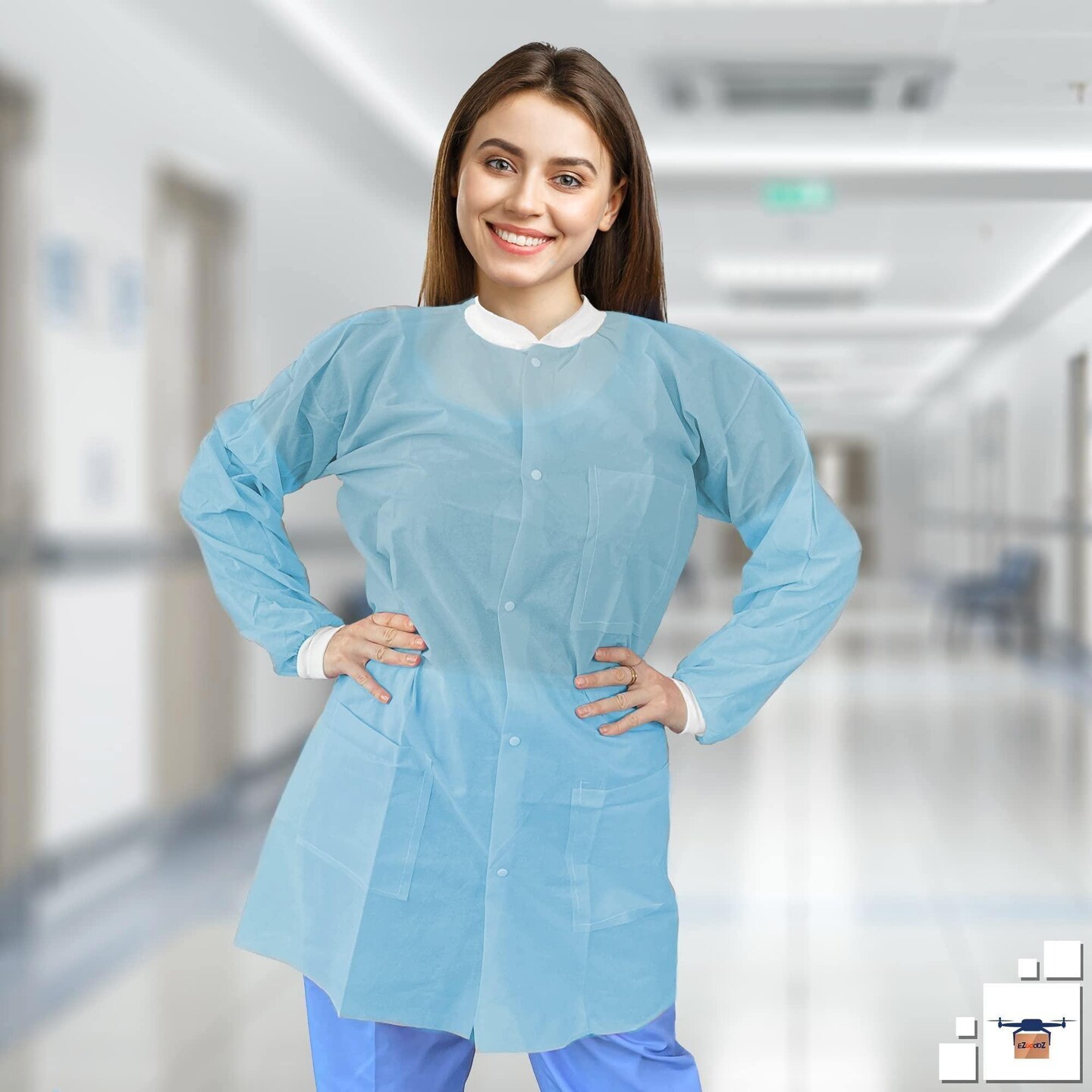 Disposable Lab Coat Small Pack of 10 Sky Blue Disposable Lab Coats for Adults SPP 45 GSM Painting Lab Coat Disposable Unisex Plastic Lab Coats with Snaps Knit Cuffs Collar 3 Pockets