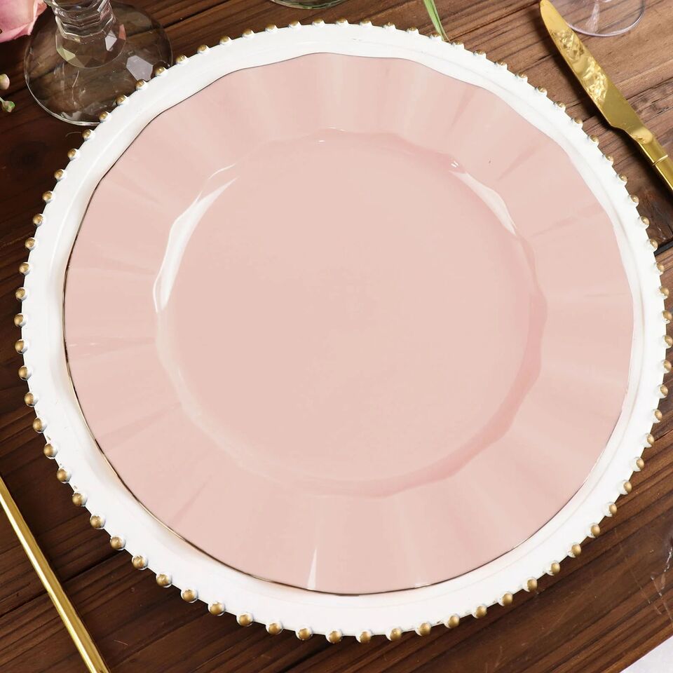 10 BLUSH 11&#x22; Round PLASTIC Salad Dinner PLATES Gold Wavy Rim