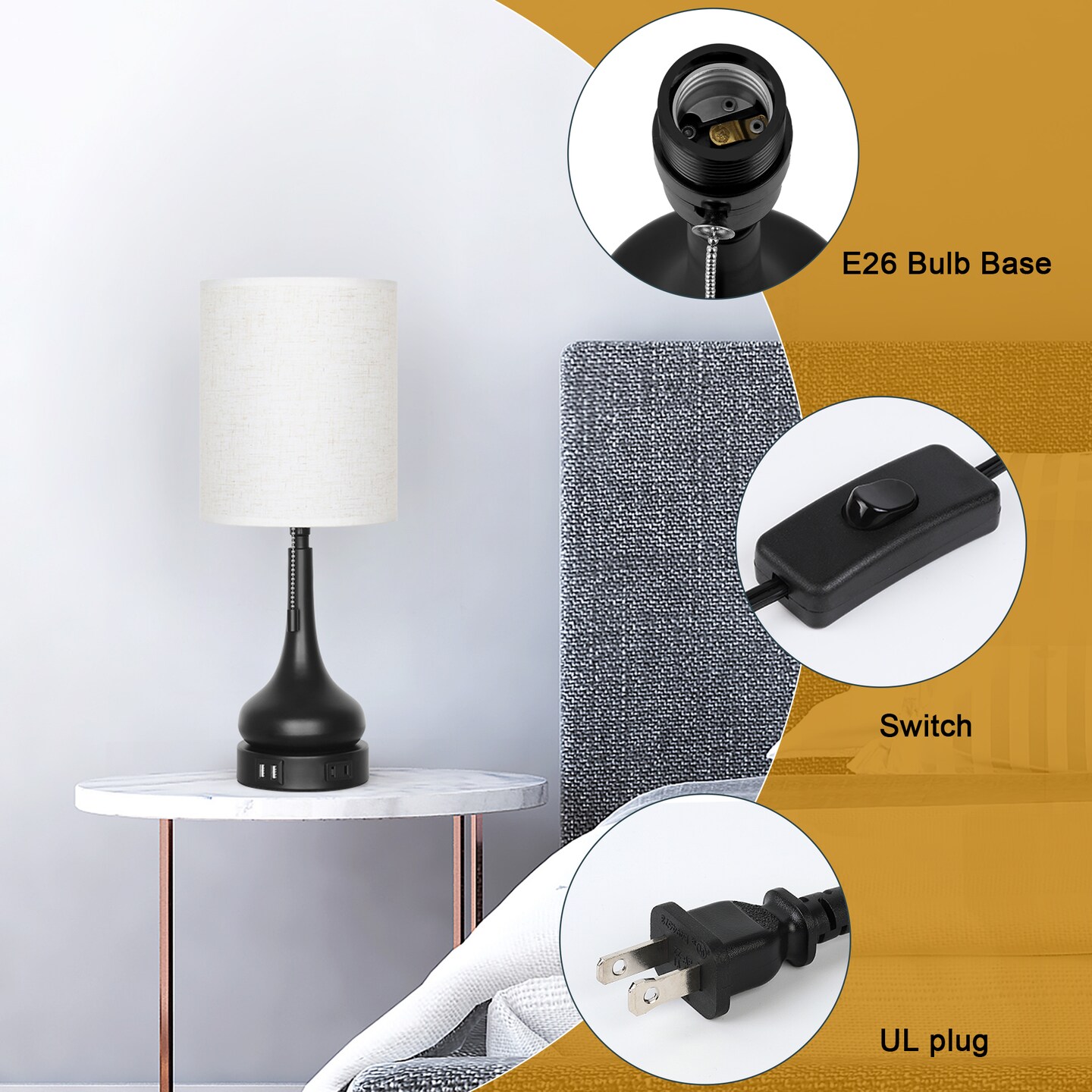 2pcs USB Charging Zipper Switch Bedside Table Lamp Suitable For Bedroom, Living Room