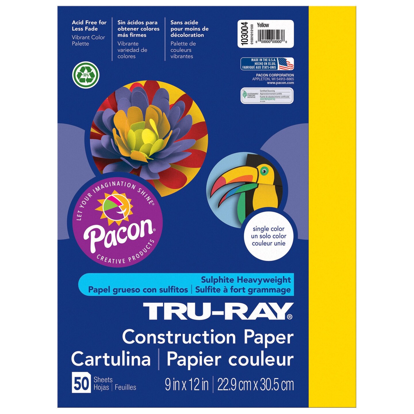 Construction Paper, Yellow, 9&#x22; x 12&#x22;, 50 Sheets Per Pack, 10 Packs