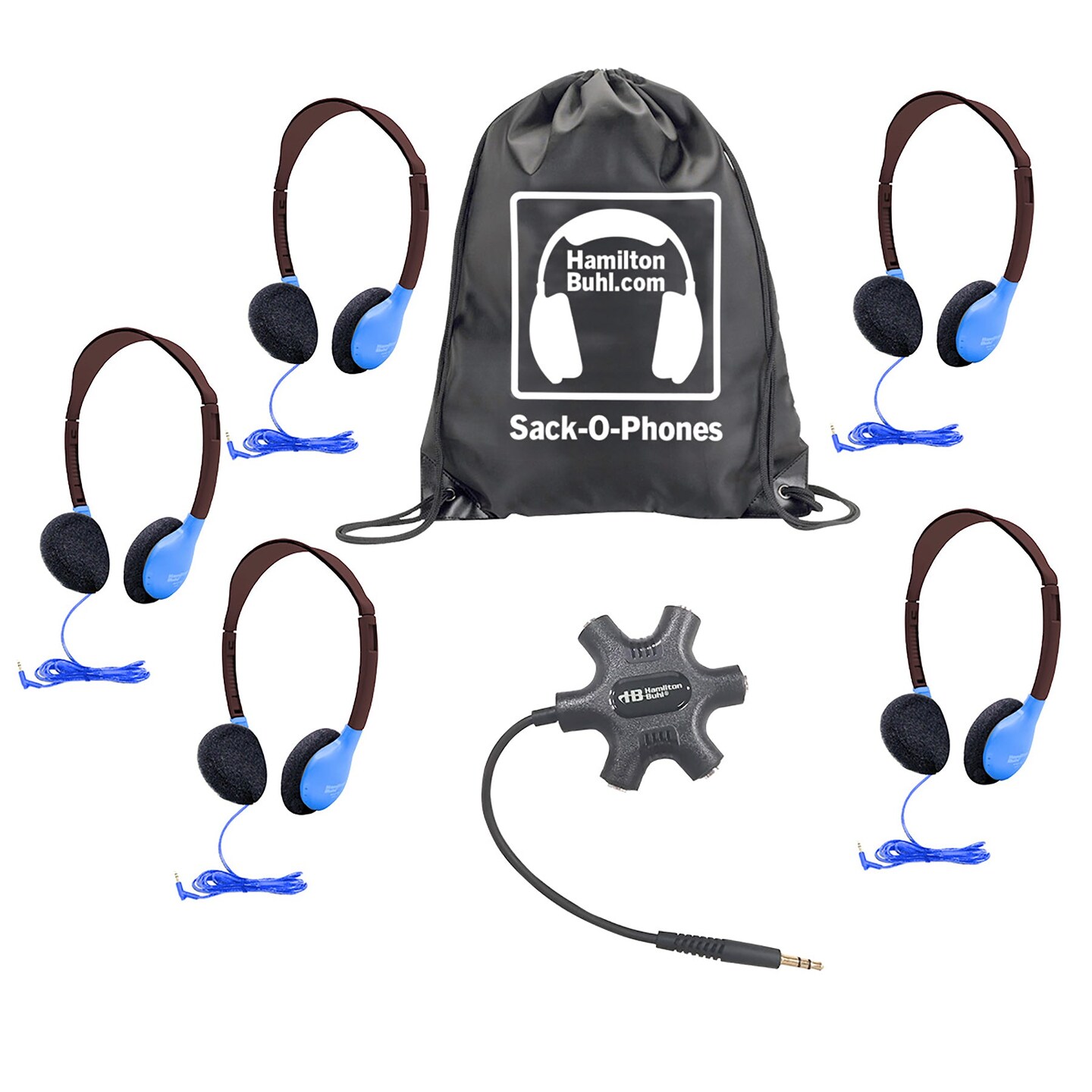 Galaxy&#x2122; Econo-Line of Sack-O-Phones with 5 Blue Personal-Sized Headphones, Starfish Jackbox and Carry Bag
