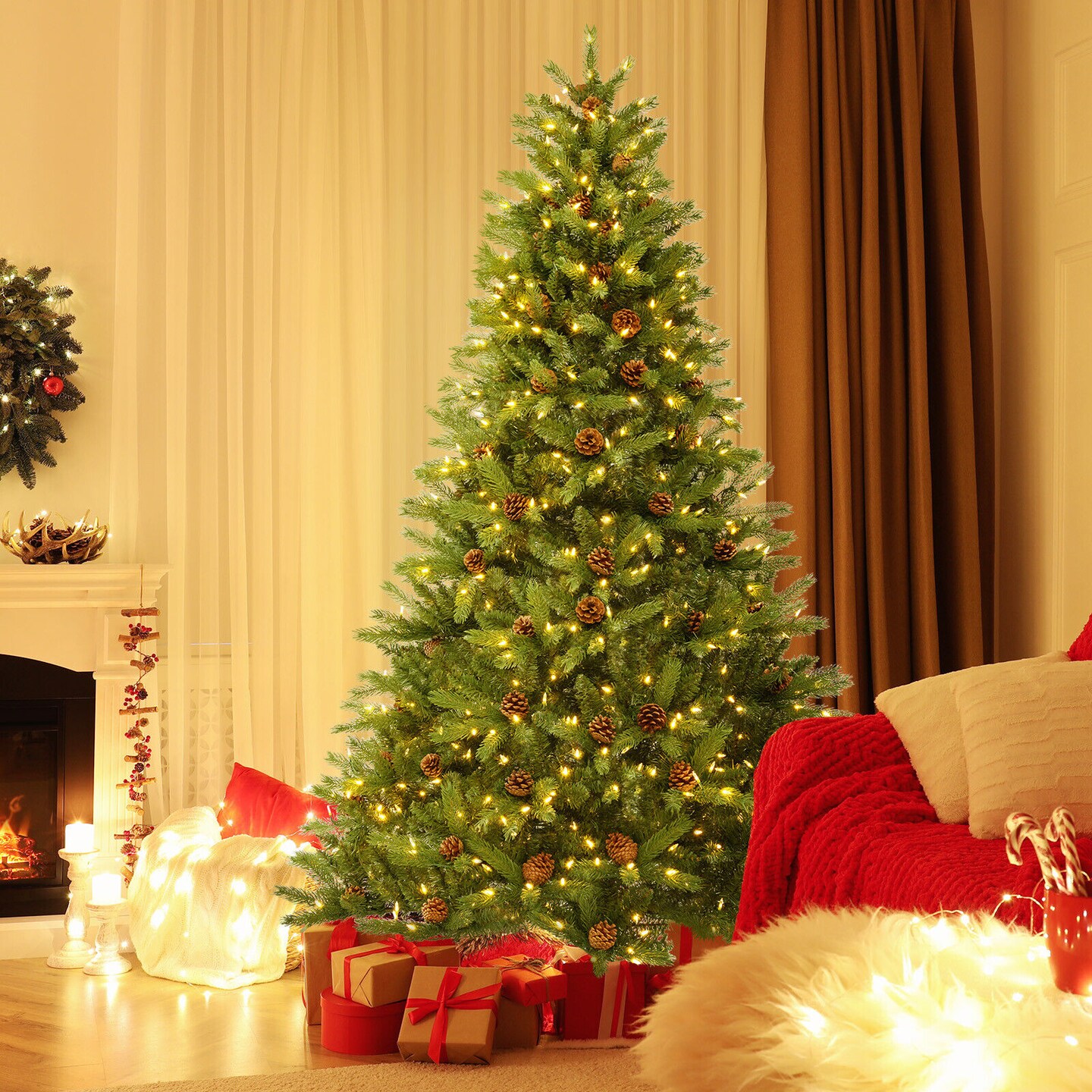 Artificial Christmas Tree with Pine Cones and Adjustable Brightness