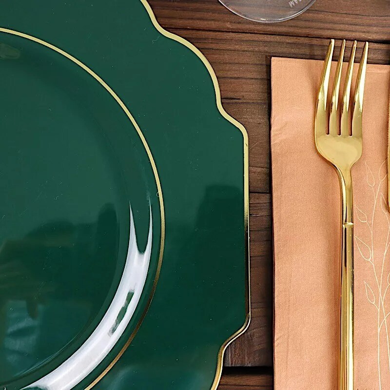 10 HUNTER GREEN 12" Baroque PLASTIC DINNER PLATES with Gold Rim