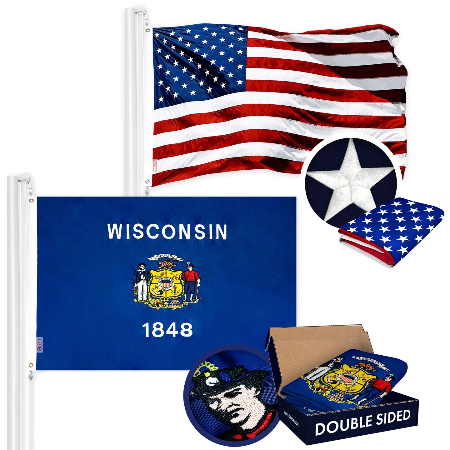 G128 Combo Pack USA American Flag 3x5 Ft Embroidered Stars & Wisconsin