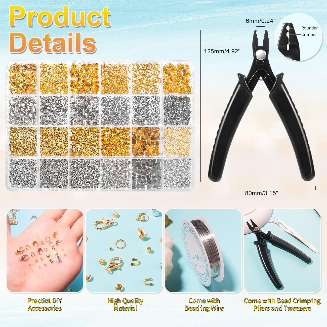 2120 PCS Crimp Beads for Jewelry Making Supplies, Bracelet Clasps and Closures, Golden Silver Crimp Covers & Tubes, Lobster Clasp Crimping Pliers and Beading Wire