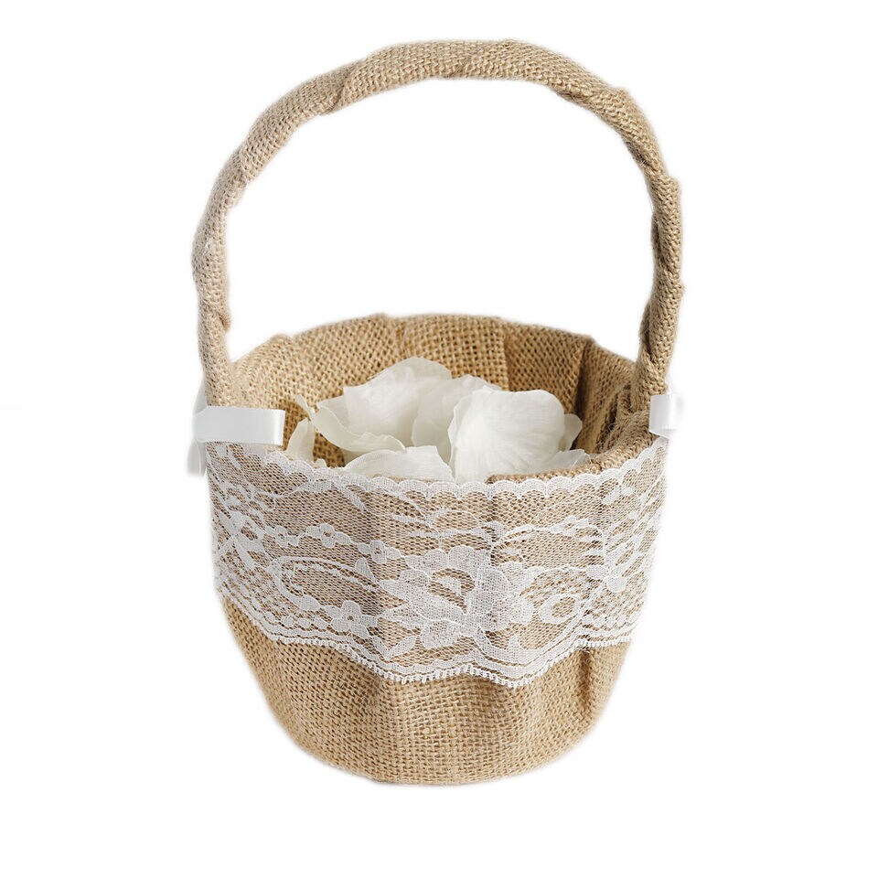 Natural Satin Ribbon Lace Accent on Burlap Flower Girl Basket