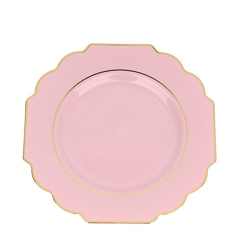 10 BLUSH 12" Baroque PLASTIC DINNER PLATES with Gold Rim