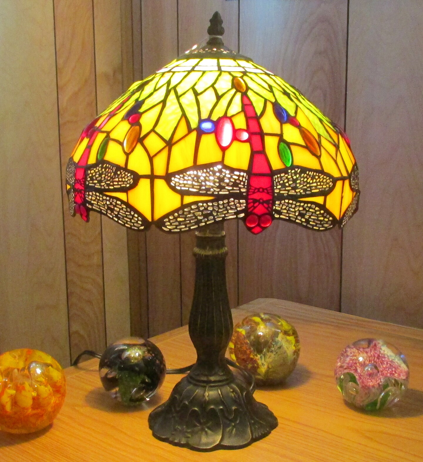 Dragonfly Stained Glass Lamp with Satin Bronze Finish Base - Perfect for a Living Room, Bedroom, Office, &#x26; More