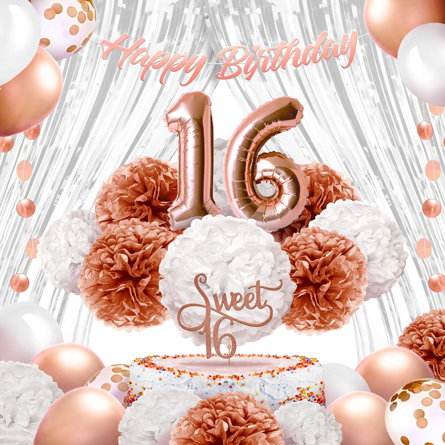 EpiqueOne 41-Piece Rose Gold Sweet 16 Birthday Decoration for Girls | Includes Happy Birthday Banner, Cake Topper, Tissue Pom Poms &#x26; More | Easy to Set Up | Also Ideal for Bridal &#x26; Baby Showers &#x26; More
