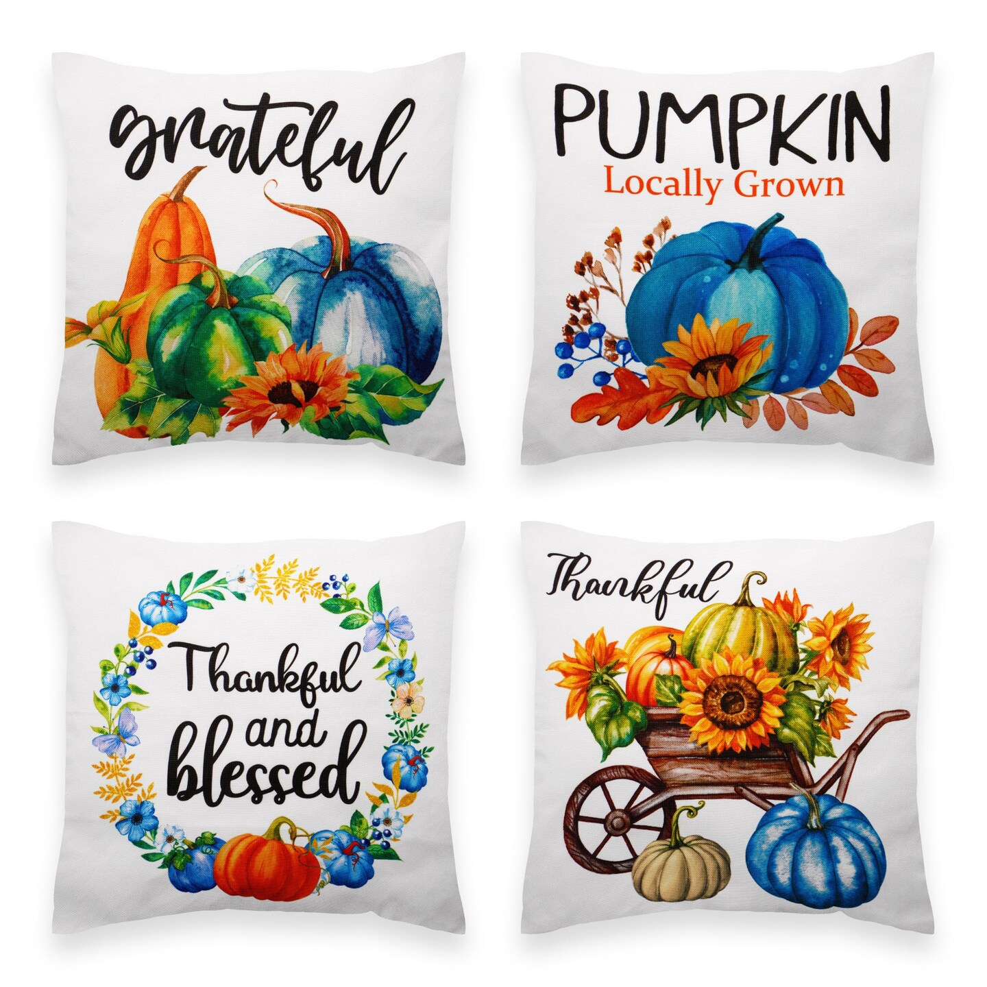 G128 Fall Decoration Pumpkin Thankful Waterproof Throw Pillow | 18 x 18 in | Set of 4, Beautiful Cushion Covers for Autumn Thanksgiving Sofa Couch Decoration, Pillow Insert Included