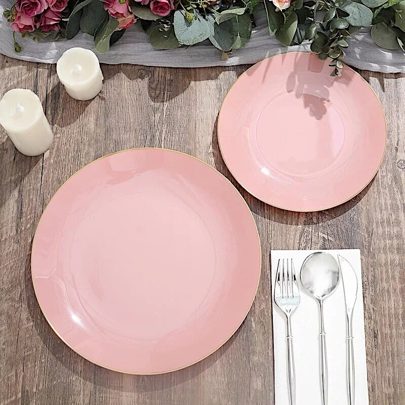 DUSTY ROSE 10 Glossy 8&#x22; Round Plastic Salad PLATES Gold Rim