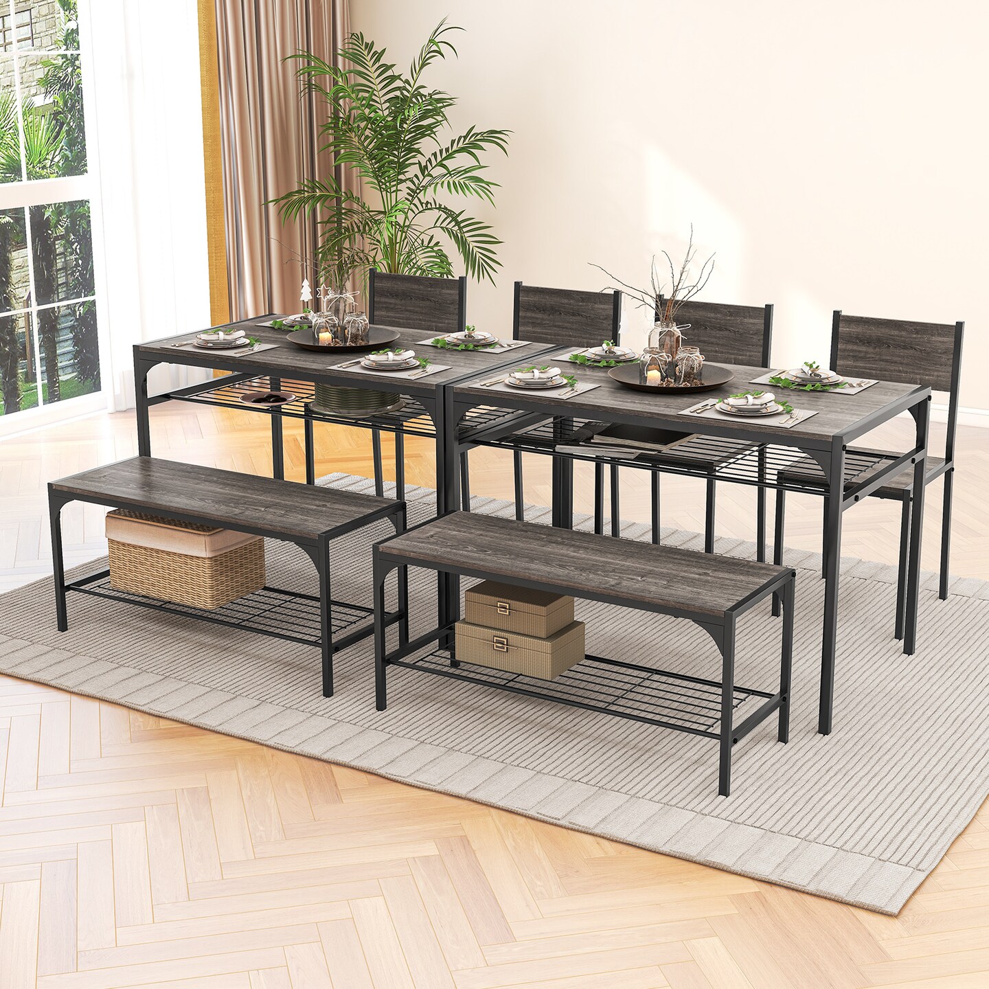 Industrial Style Rectangular Kitchen Table with Bench and Chairs - 43&#x22; x 26&#x22; x 30&#x22;