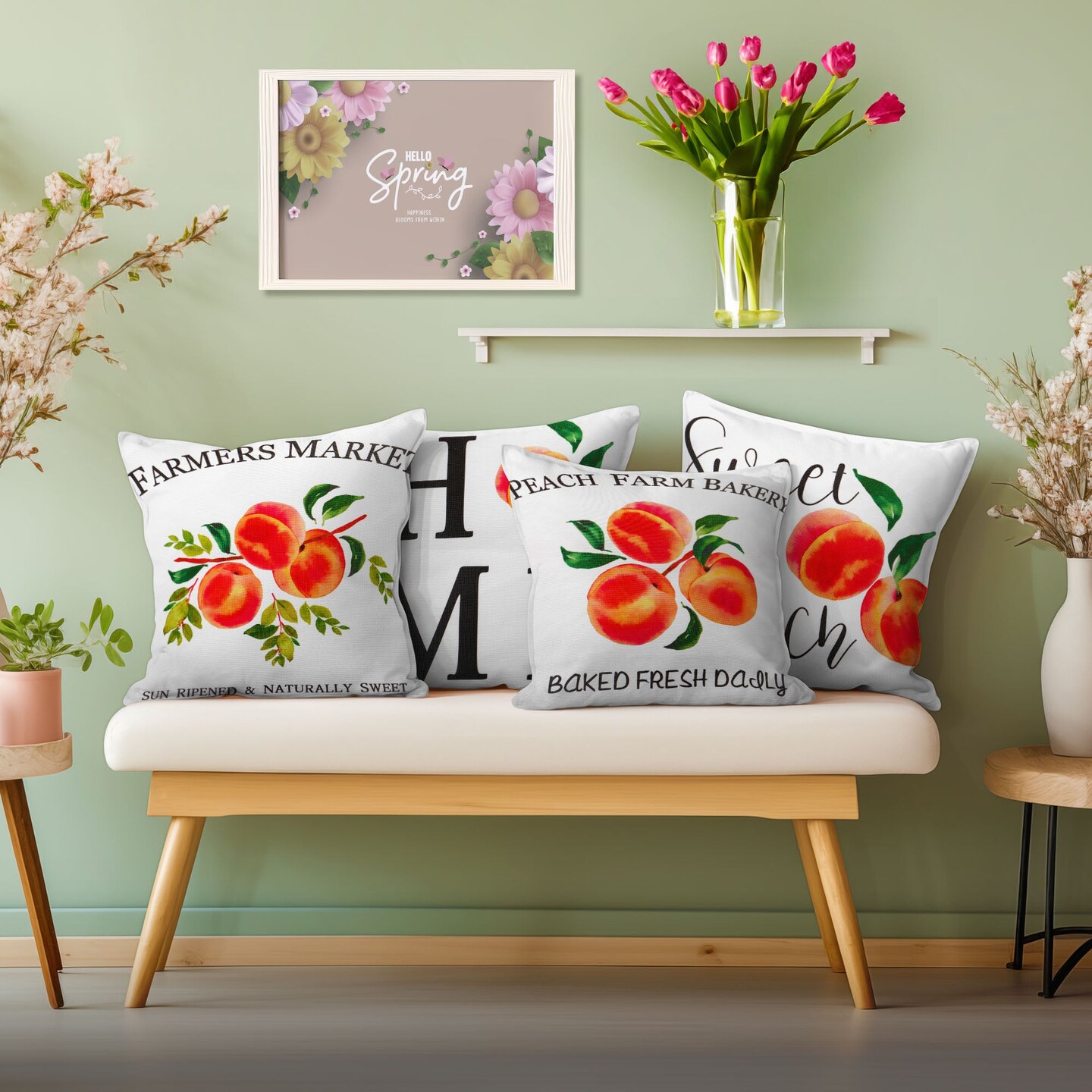 G128 Spring Decoration Farmhouse Peach Home Waterproof Throw Pillow | 18 x 18 in | Set of 4, Beautiful Cushion Covers for Spring Sofa Couch Decoration, Pillow Insert Included