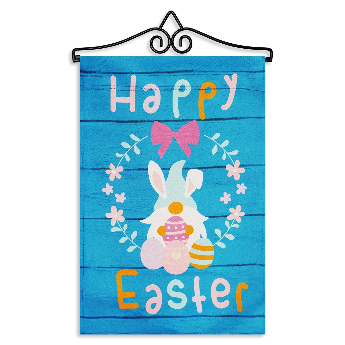 G128 Combo Pack Garden Flag Hanger 14IN & Garden Flag Happy Easter Rabbit Gnome with Eggs 12x18IN Printed Double Sided Blockout Fabric