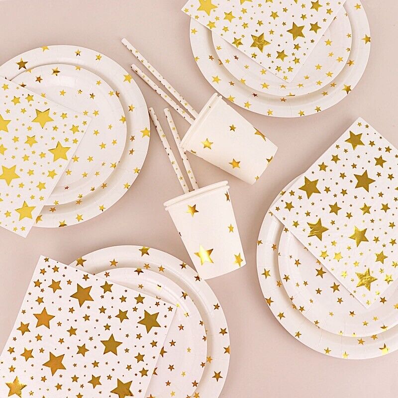120 White Gold Stars Disposable PAPER TABLEWARE