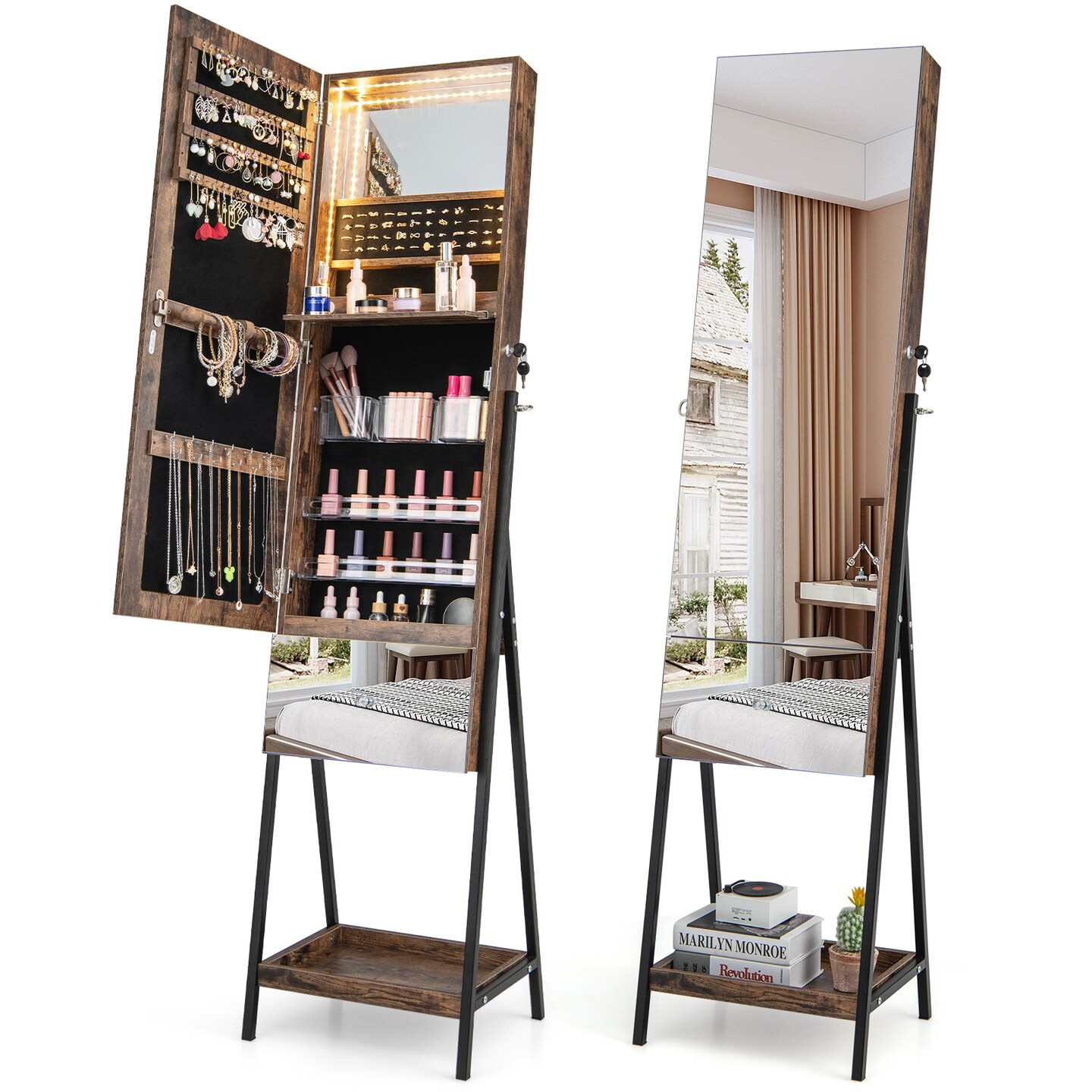 Lockable Freestanding Jewelry Organizer With Full-length Frameless Mirror