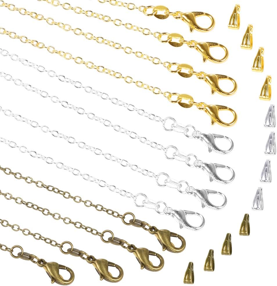 30 Pack Necklace Chains in Gold, 18 inch Silver and Bronze Plated, Bulk Cable Chain with Pinch Clasp Bails Dangle Charms for Jewelry Making