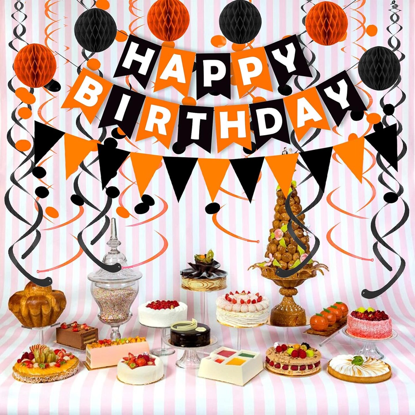 Black Orange Happy Birthday Banner Paper Triangle Flag Bunting Circle Confetti Dots Hanging Garland and Honeycomb Ball Swirl Streamers for Birthday Baby Shower Halloween Party Decoration