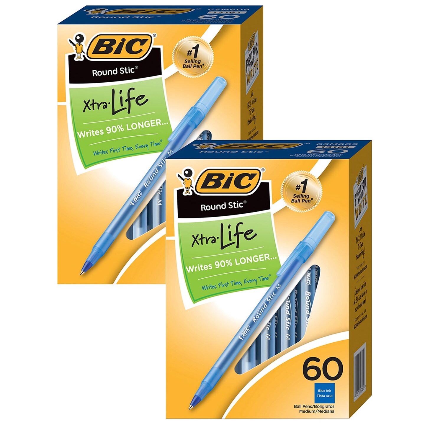 Round Stic&#xAE; Xtra Life Ball Pen, Blue, 60 Per Pack, 2 Packs