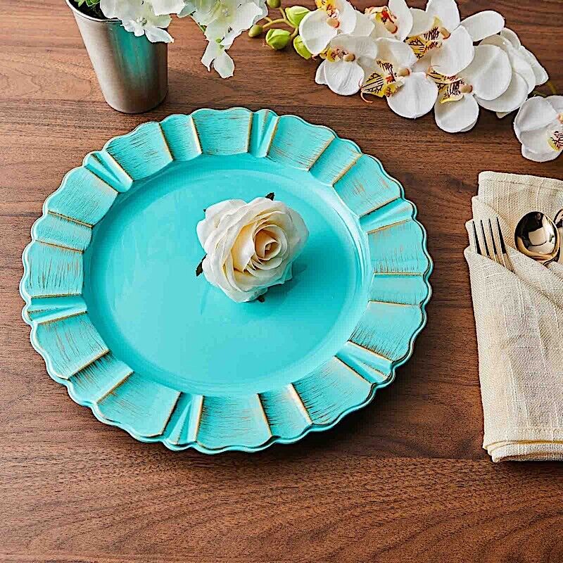 6 TURQUOISE GOLD 13&#x22; Round Scalloped Trim Charger Plates