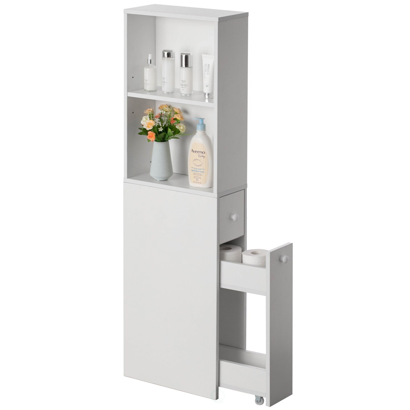 Freestanding Narrow and Slim Design White Bathroom Storage Cabinet - Ideal as Toilet Paper Storage, Feminine Product Organizer or Hair Tool Organizer with Storage Drawer and Adjustable Shelf