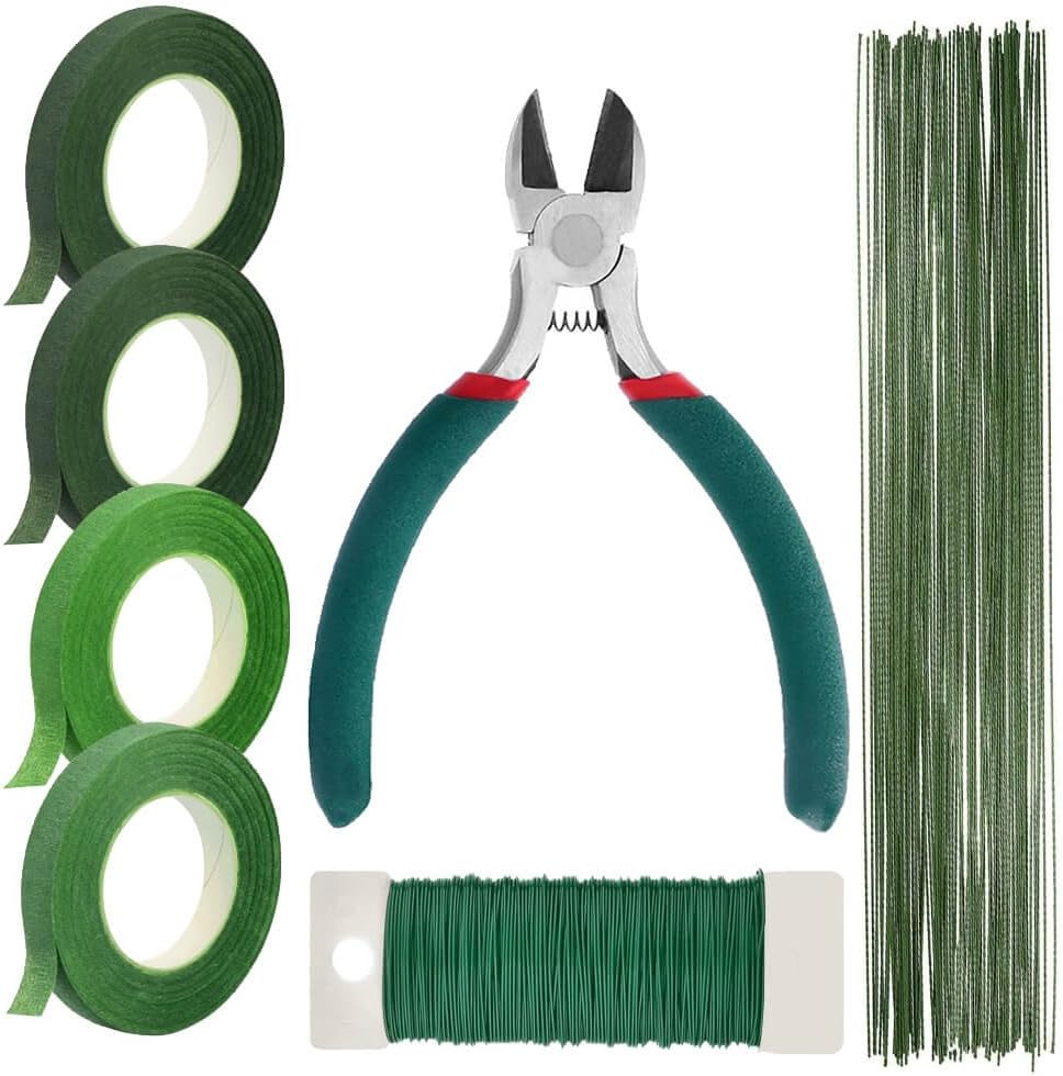 Floral Tape and Floral Wire Arrangement Tools Kit with Wire Cutter 26 Gauge Stem Wire and 22 Gauge Paddle Wire for Bouquet Stem Wrap Florist