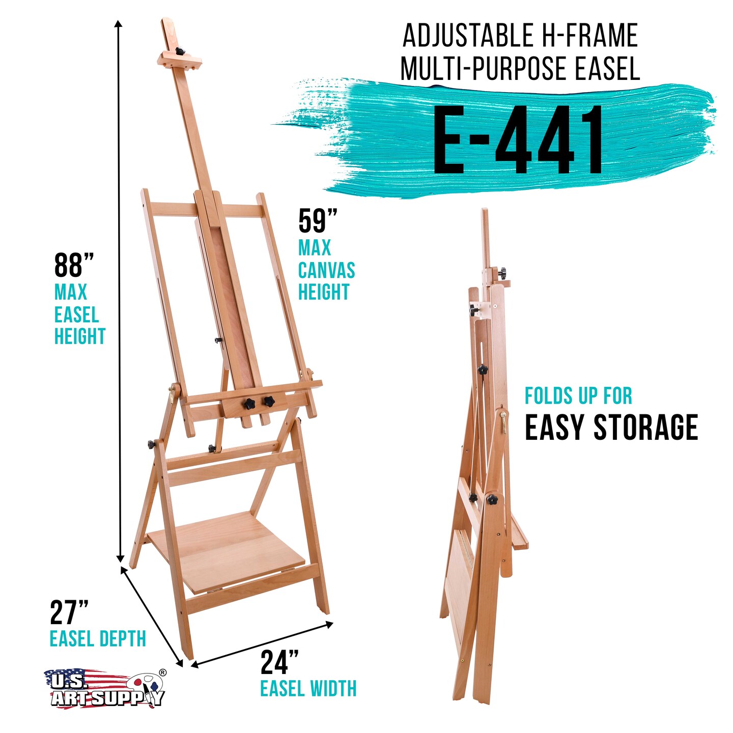 Large Adjustable H-Frame Multi-Purpose Studio Artist Wooden Floor Easel - Tilts Flat, Mast Adjusts to 88&#x22; High, Holds 59&#x22; Canvas - Sturdy Beechwood