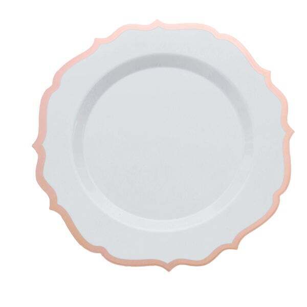 10 WHITE 10.5&#x22; Round Plastic Dinner Plates ROSE GOLD Scalloped Rim