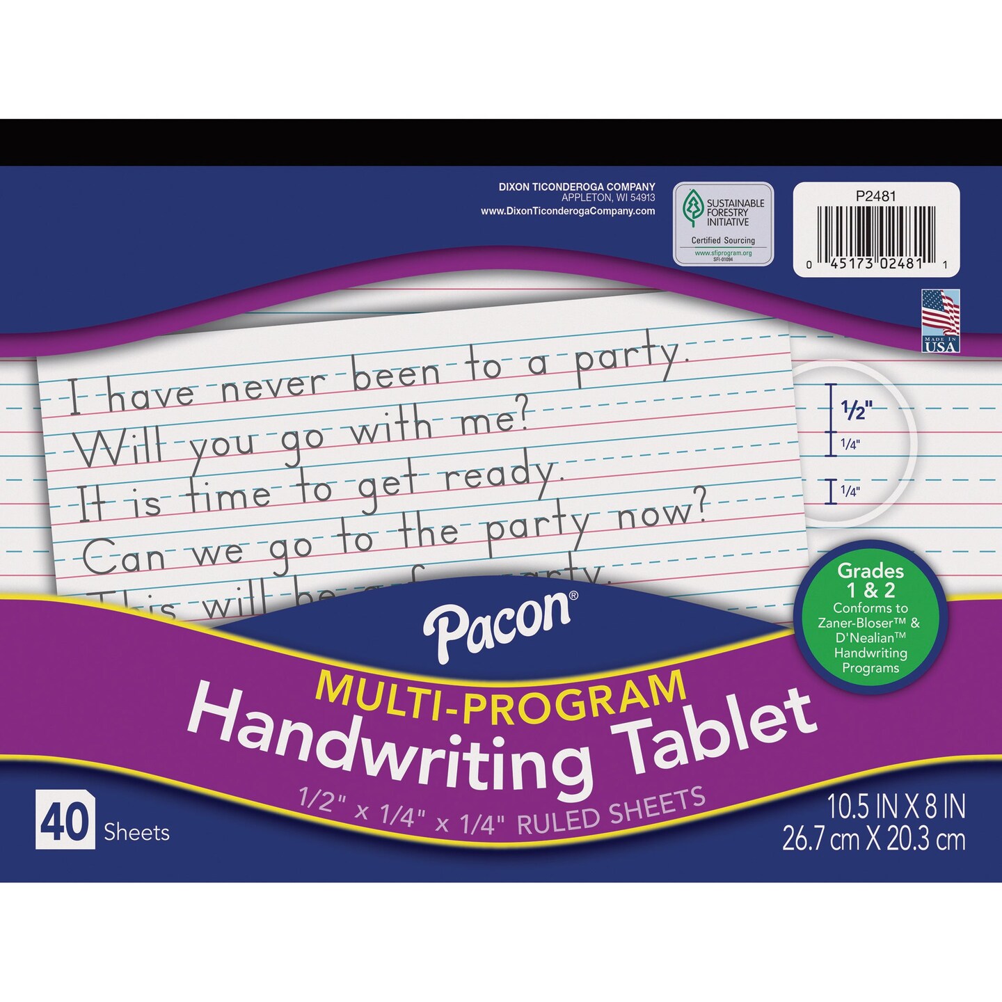 Multi-Program Handwriting Tablet, D&#x27;Nealian/Zaner-Bloser, 1/2&#x22; x 1/4&#x22; x 1/4&#x22; Ruled Long, 10-1/2&#x22; x 8&#x22;, 40 Sheets, Pack of 12