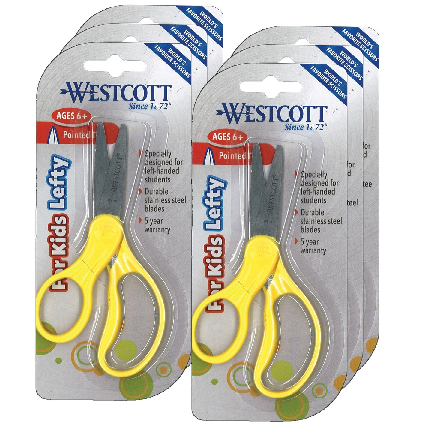 School Left-Handed Kids Scissors, Assorted Colors, 5&#x22; Pointed, Pack of 6