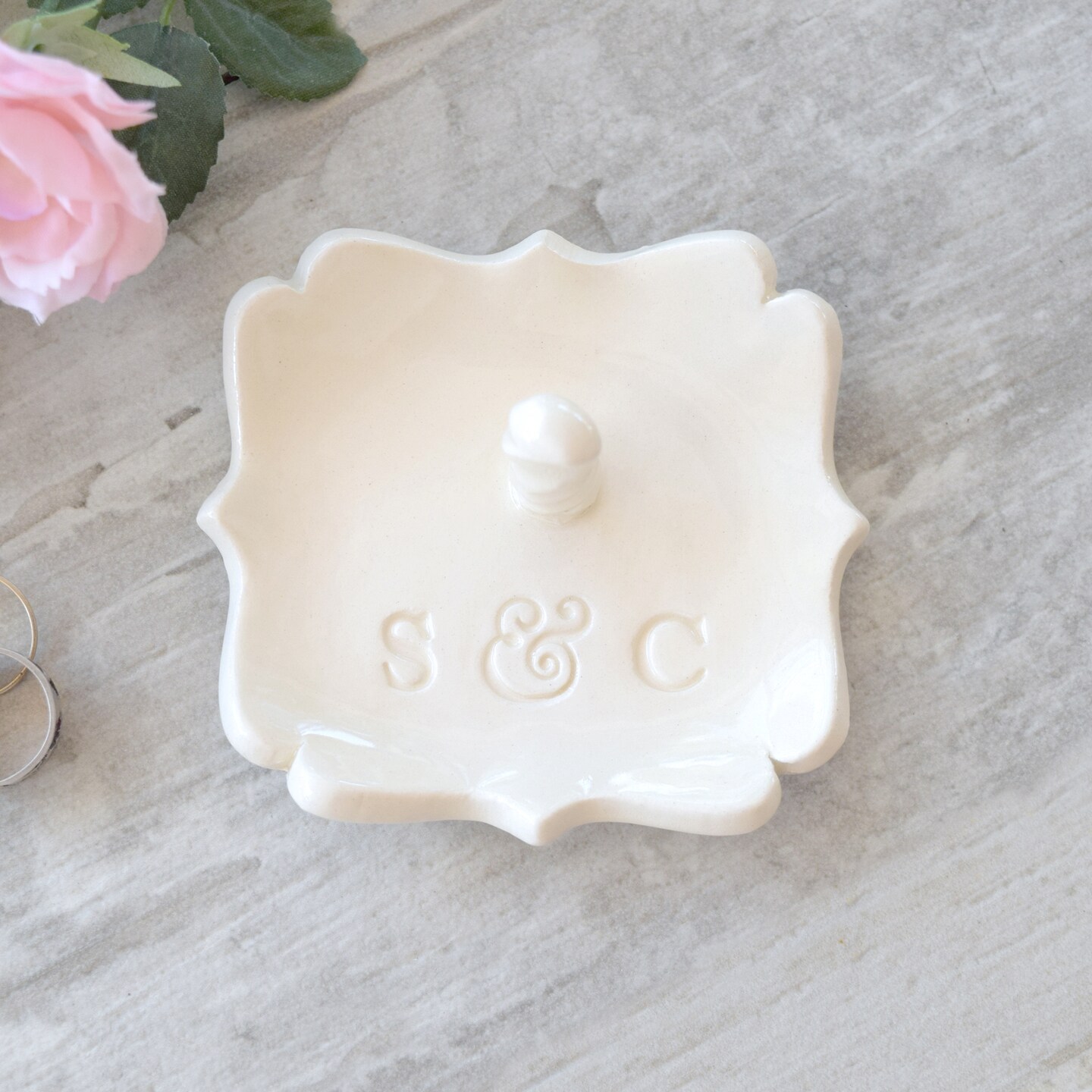 Monogram Ring Cone Gold Silver Initials Personalized Jewelry Post, Custom Wedding Ring Dish Engraved Clay Tray, Couple Anniversary Gift