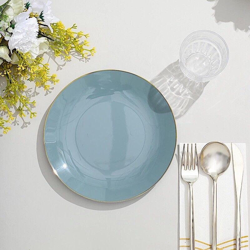 DUSTY BLUE 10 Glossy 8&#x22; Round Plastic Salad PLATES Gold Rim