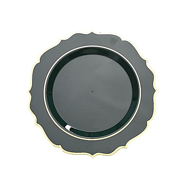20 HUNTER GREEN 10.5" Round Plastic Dinner Plates GOLD Scalloped Rim