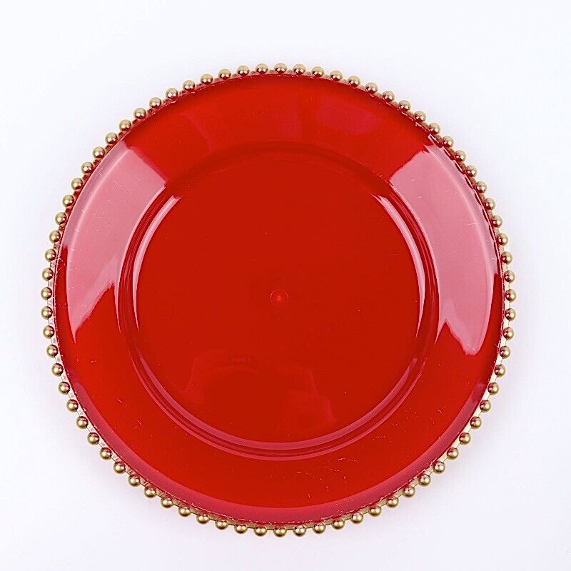 6 RED GOLD 12&#x22; Round Beaded Rim Charger Plates