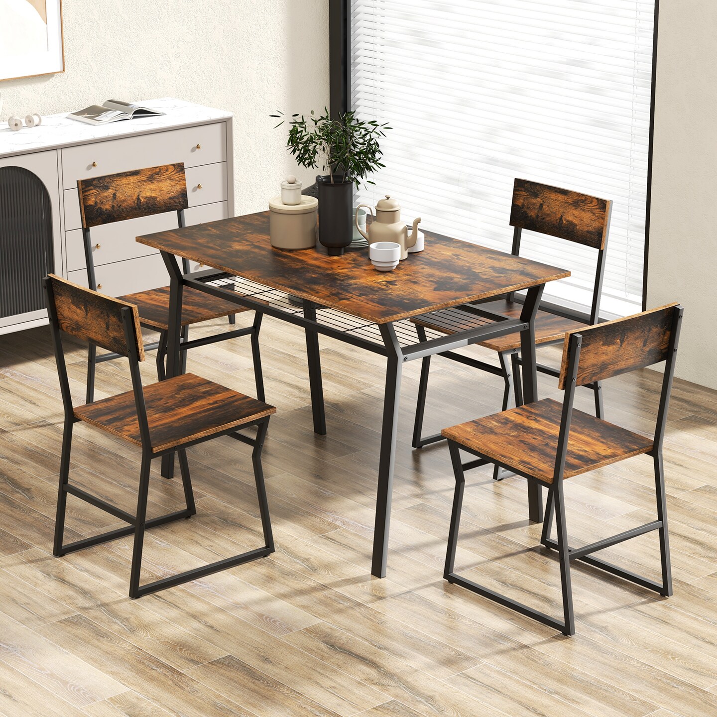 5 Piece Dining Table Set With Storage Rack And Metal Frame, Color