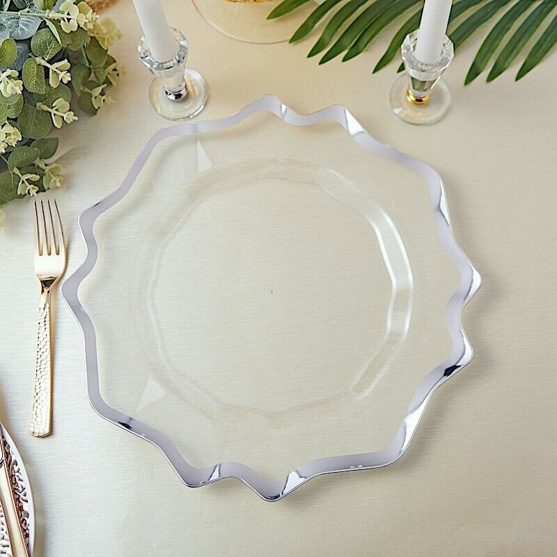 6 CLEAR SILVER 13&#x22; CHARGER PLATES Round Scalloped Trim