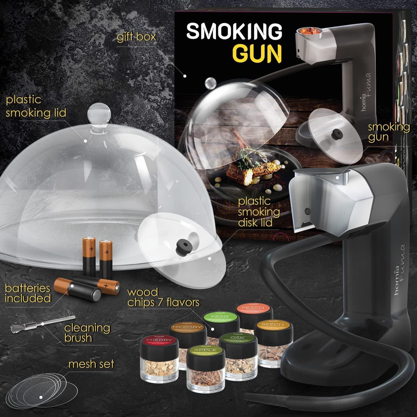 Smoking Gun Wood Smoke Infuser  Extended Kit 14 PCS Smoker Machine with Accessories and Wood Chips  Cold Smoke for Food and Drinks  Gift for Man